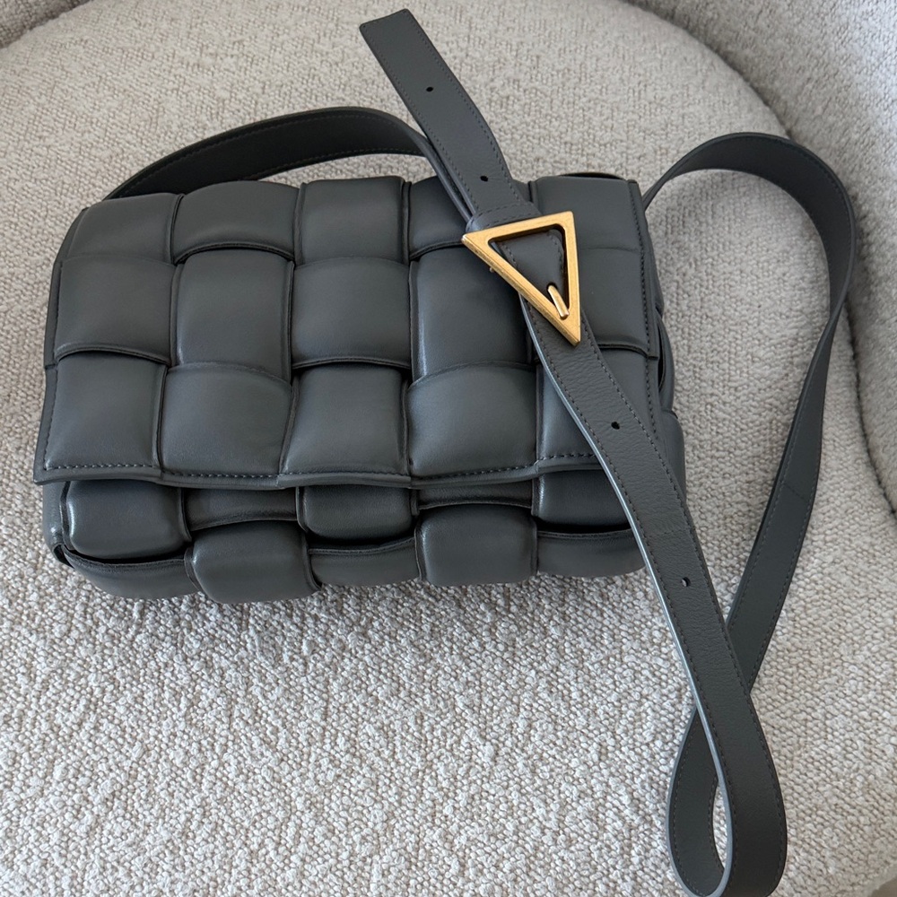 Bottega Veneta Grey Cassette CrossbodyBag with Gold Accent